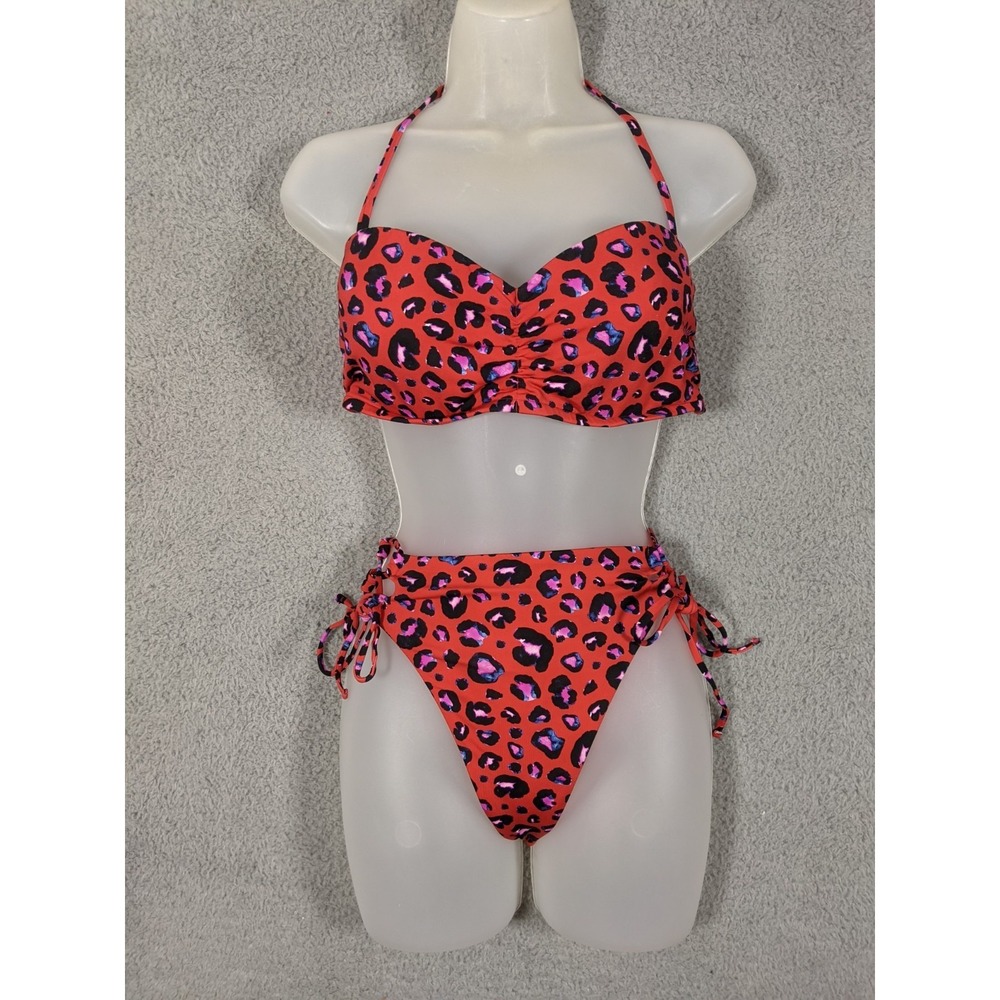 Vtg Victoria's Secret Halter Bikini Set Sz L Red Leopard Print Y2K Indie Retro